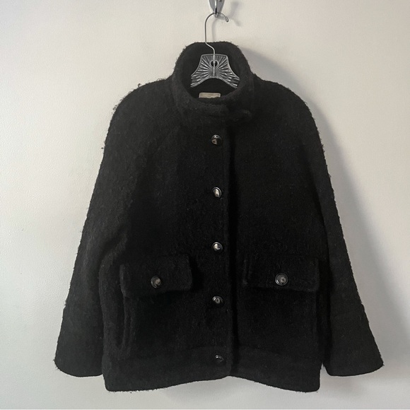 Sezane Leo Coat Black Wool Blend Fuzzy Button Up Coat 34 2 XS